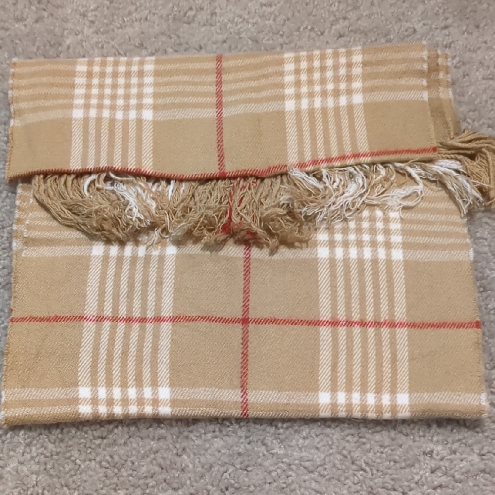 Plaid Tan and Red Fringe Scarf